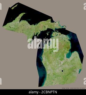 Shape of Michigan, state of Mainland United States, with its capital isolated on a solid color background. Satellite imagery. 3D rendering Stock Photo