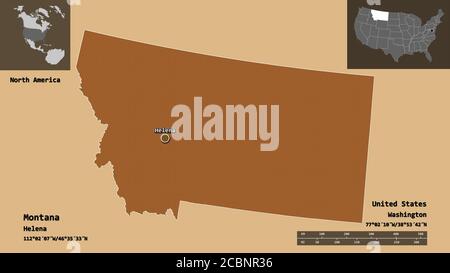 Shape of Montana, state of Mainland United States, and its capital. Distance scale, previews and labels. Composition of patterned textures. 3D renderi Stock Photo