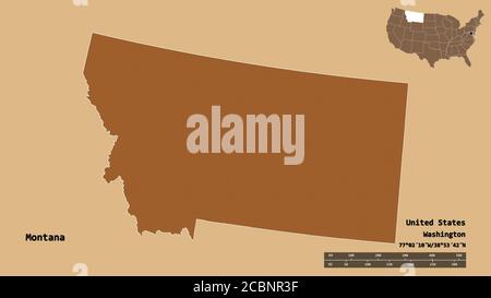 Shape of Montana, state of Mainland United States, with its capital isolated on solid background. Distance scale, region preview and labels. Compositi Stock Photo