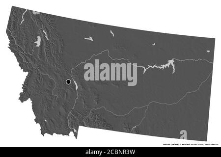 Shape of Montana, state of Mainland United States, with its capital isolated on white background. Bilevel elevation map. 3D rendering Stock Photo