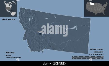 Shape of Montana, state of Mainland United States, and its capital. Distance scale, previews and labels. Colored elevation map. 3D rendering Stock Photo