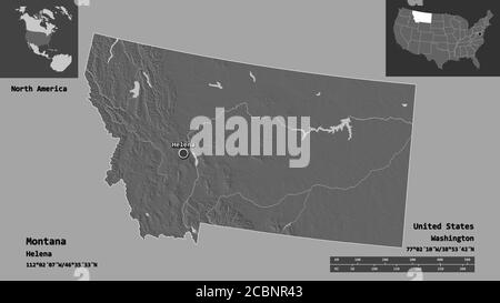 Shape of Montana, state of Mainland United States, and its capital. Distance scale, previews and labels. Bilevel elevation map. 3D rendering Stock Photo