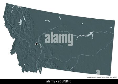 Shape of Montana, state of Mainland United States, with its capital isolated on white background. Colored elevation map. 3D rendering Stock Photo