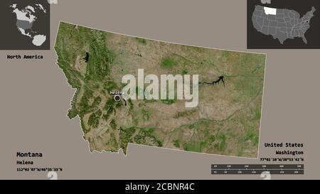 Shape of Montana, state of Mainland United States, and its capital. Distance scale, previews and labels. Satellite imagery. 3D rendering Stock Photo