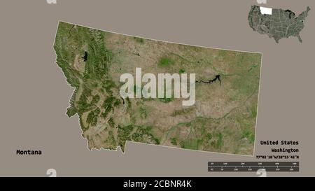 Shape of Montana, state of Mainland United States, with its capital isolated on solid background. Distance scale, region preview and labels. Satellite Stock Photo