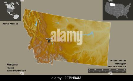 Shape of Montana, state of Mainland United States, and its capital. Distance scale, previews and labels. Topographic relief map. 3D rendering Stock Photo