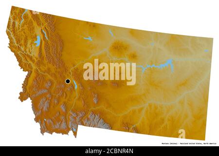 Shape of Montana, state of Mainland United States, with its capital isolated on white background. Topographic relief map. 3D rendering Stock Photo