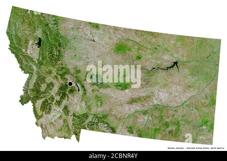 Shape of Montana, state of Mainland United States, with its capital isolated on white background. Satellite imagery. 3D rendering Stock Photo