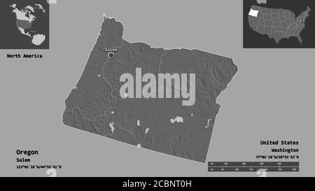 Shape of Oregon, state of Mainland United States, and its capital. Distance scale, previews and labels. Bilevel elevation map. 3D rendering Stock Photo