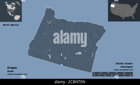 Shape of Oregon, state of Mainland United States, and its capital. Distance scale, previews and labels. Colored elevation map. 3D rendering Stock Photo