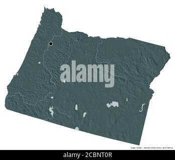 Shape of Oregon, state of Mainland United States, with its capital isolated on white background. Colored elevation map. 3D rendering Stock Photo