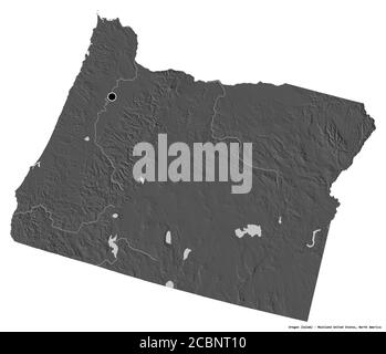 Shape of Oregon, state of Mainland United States, with its capital isolated on white background. Bilevel elevation map. 3D rendering Stock Photo