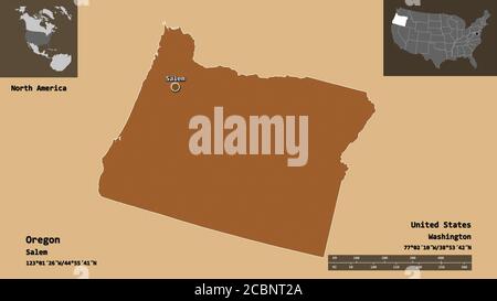 Shape of Oregon, state of Mainland United States, and its capital. Distance scale, previews and labels. Composition of patterned textures. 3D renderin Stock Photo