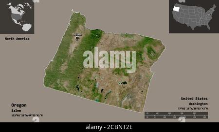 Shape of Oregon, state of Mainland United States, and its capital. Distance scale, previews and labels. Satellite imagery. 3D rendering Stock Photo