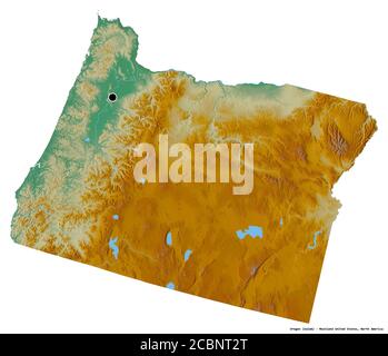 Shape of Oregon, state of Mainland United States, with its capital isolated on white background. Topographic relief map. 3D rendering Stock Photo