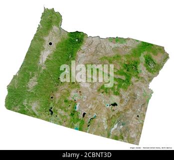 Shape of Oregon, state of Mainland United States, with its capital isolated on white background. Satellite imagery. 3D rendering Stock Photo