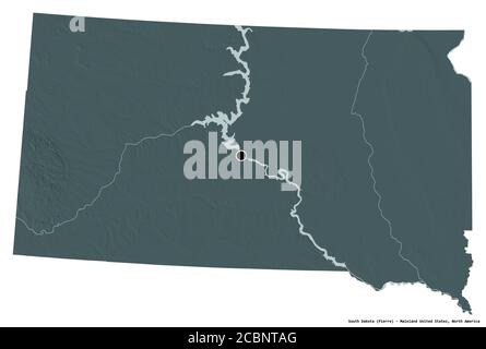 Shape of South Dakota, state of Mainland United States, with its capital isolated on white background. Colored elevation map. 3D rendering Stock Photo