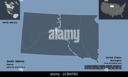 Shape of South Dakota, state of Mainland United States, and its capital. Distance scale, previews and labels. Colored elevation map. 3D rendering Stock Photo