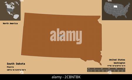 Shape of South Dakota, state of Mainland United States, and its capital. Distance scale, previews and labels. Composition of patterned textures. 3D re Stock Photo