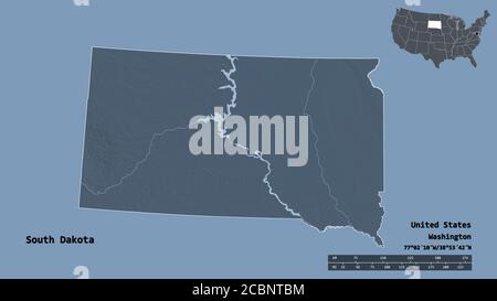 Shape of South Dakota, state of Mainland United States, with its capital isolated on solid background. Distance scale, region preview and labels. Colo Stock Photo