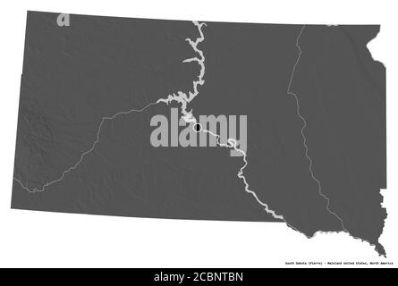 Shape of South Dakota, state of Mainland United States, with its capital isolated on white background. Bilevel elevation map. 3D rendering Stock Photo