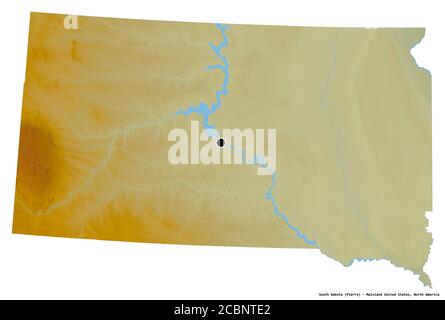 Shape of South Dakota, state of Mainland United States, with its capital isolated on white background. Topographic relief map. 3D rendering Stock Photo