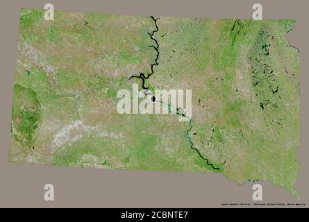 Shape of South Dakota, state of Mainland United States, with its capital isolated on a solid color background. Satellite imagery. 3D rendering Stock Photo