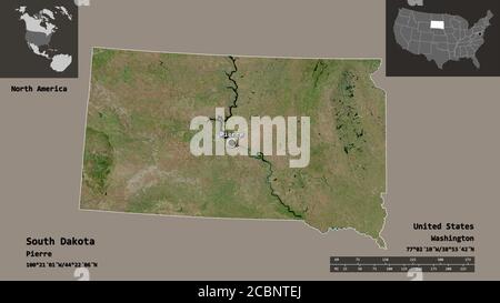 Shape of South Dakota, state of Mainland United States, and its capital. Distance scale, previews and labels. Satellite imagery. 3D rendering Stock Photo