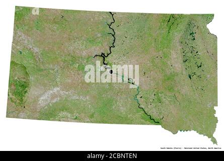 Shape of South Dakota, state of Mainland United States, with its capital isolated on white background. Satellite imagery. 3D rendering Stock Photo