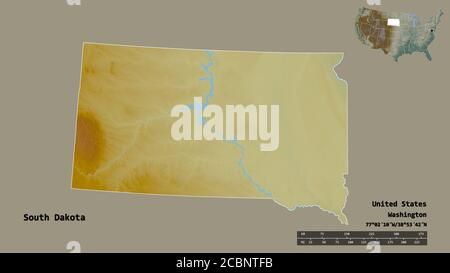 Shape of South Dakota, state of Mainland United States, with its capital isolated on solid background. Distance scale, region preview and labels. Topo Stock Photo