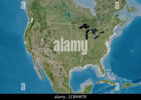 Extended area of Mainland United States with country outline, international and regional borders. Satellite imagery. 3D rendering Stock Photo