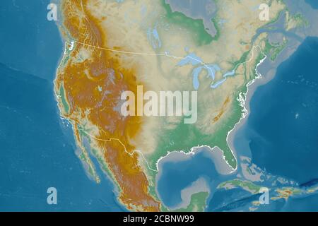 Extended area of outlined Mainland United States. Topographic relief map. 3D rendering Stock Photo