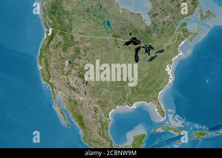 Extended area of outlined Mainland United States. Satellite imagery. 3D rendering Stock Photo