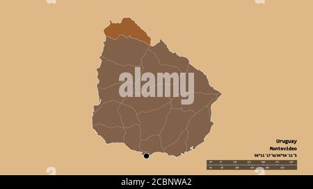 Desaturated shape of Uruguay with its capital, main regional division and the separated Artigas area. Labels. Composition of patterned textures. 3D re Stock Photo