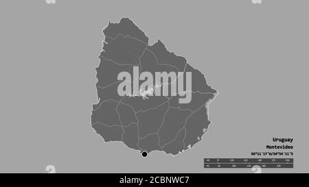 Desaturated shape of Uruguay with its capital, main regional division and the separated Cerro Largo area. Labels. Bilevel elevation map. 3D rendering Stock Photo