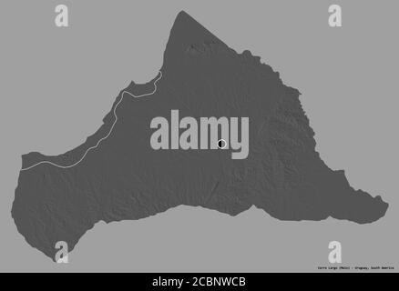 Shape of Cerro Largo, department of Uruguay, with its capital isolated on a solid color background. Bilevel elevation map. 3D rendering Stock Photo