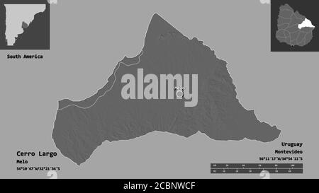 Shape of Cerro Largo, department of Uruguay, and its capital. Distance scale, previews and labels. Bilevel elevation map. 3D rendering Stock Photo