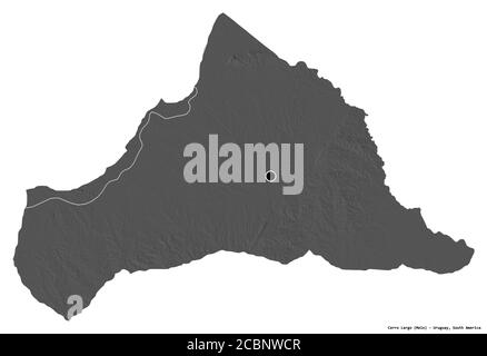 Shape of Cerro Largo, department of Uruguay, with its capital isolated on white background. Bilevel elevation map. 3D rendering Stock Photo