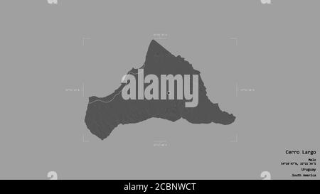 Area of Cerro Largo, department of Uruguay, isolated on a solid background in a georeferenced bounding box. Labels. Bilevel elevation map. 3D renderin Stock Photo