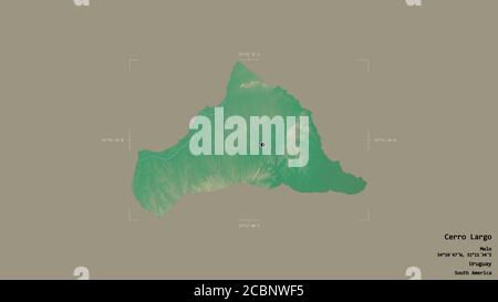 Area of Cerro Largo, department of Uruguay, isolated on a solid background in a georeferenced bounding box. Labels. Topographic relief map. 3D renderi Stock Photo