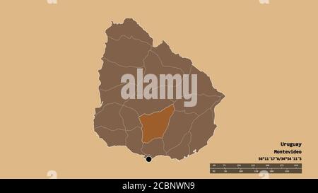 Desaturated shape of Uruguay with its capital, main regional division and the separated Florida area. Labels. Composition of patterned textures. 3D re Stock Photo