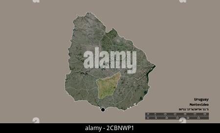 Desaturated shape of Uruguay with its capital, main regional division and the separated Florida area. Labels. Satellite imagery. 3D rendering Stock Photo