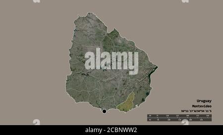 Desaturated shape of Uruguay with its capital, main regional division and the separated Maldonado area. Labels. Satellite imagery. 3D rendering Stock Photo