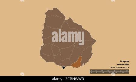 Desaturated shape of Uruguay with its capital, main regional division and the separated Maldonado area. Labels. Composition of patterned textures. 3D Stock Photo