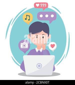 young man using laptop different apps social network communication and technologies vector illustration Stock Vector