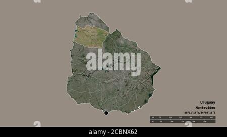 Desaturated shape of Uruguay with its capital, main regional division and the separated Salto area. Labels. Satellite imagery. 3D rendering Stock Photo