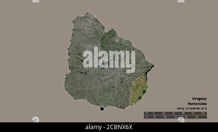 Desaturated shape of Uruguay with its capital, main regional division and the separated Rocha area. Labels. Satellite imagery. 3D rendering Stock Photo