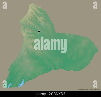 Shape of Tacuarembó, department of Uruguay, with its capital isolated on a solid color background. Topographic relief map. 3D rendering Stock Photo