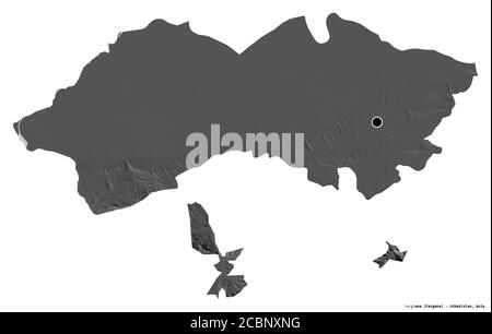 Shape of Ferghana, region of Uzbekistan, with its capital isolated on white background. Bilevel elevation map. 3D rendering Stock Photo