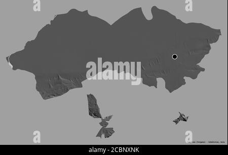 Shape of Ferghana, region of Uzbekistan, with its capital isolated on a solid color background. Bilevel elevation map. 3D rendering Stock Photo